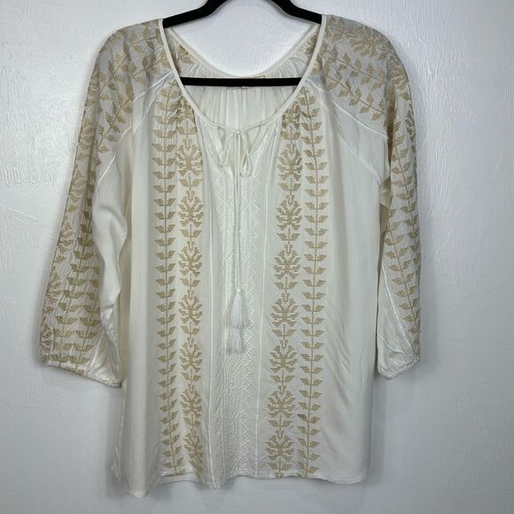 Solitaire Tops - Solitaire Boho Embroidered Long Sleeve Tunic Top In White Size L